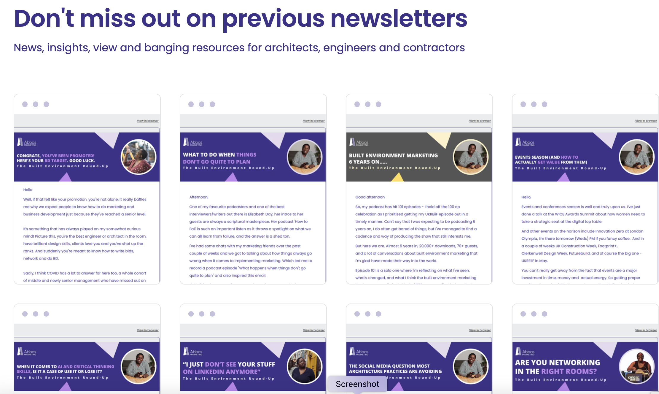 A webpage with the title 'Don't miss out on previous newsletters' and subtitles about news and resources for architects, engineers, and contractors. The page displays multiple newsletter previews, each with titles, summaries, and images of people.
