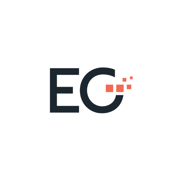 Logo with the letters 'E' and 'C' and a design of small red squares next to the 'C'.