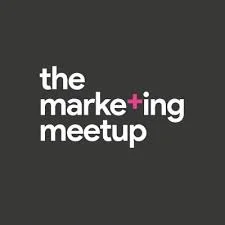 Logo for The Marketing Meetup with white and pink text on a black background