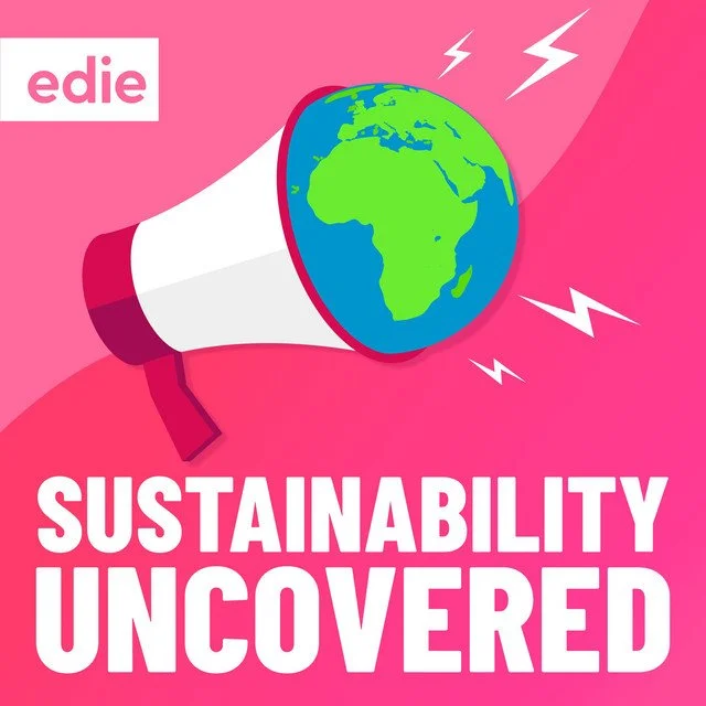 A pink background with a megaphone illustration projecting the Earth, accompanied by white lightning bolts, and the text 'SUSTAINABILITY UNCOVERED' in bold white letters, with the brand name 'edie' in the top left corner.