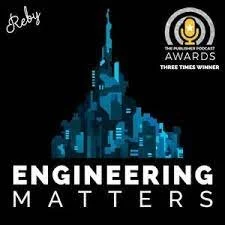 Logo for Engineering Matters podcast, with a depiction of the Empire State Building and text indicating it is a three-time winner of The Engineering Podcast Awards.