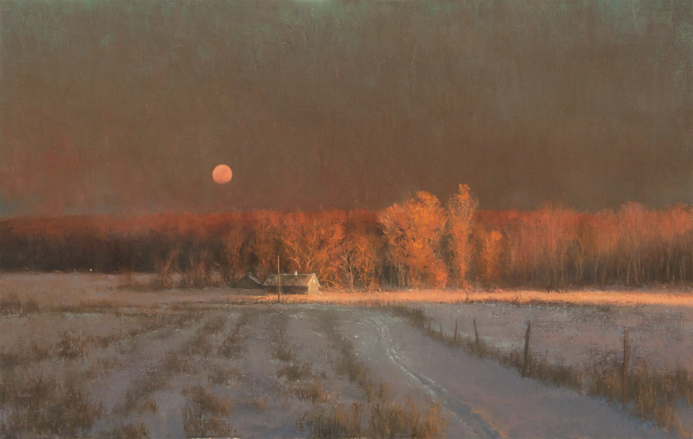 Snow Moon, oil on canvas painting of a snow-covered farmstead at twilight beneath a rising moon