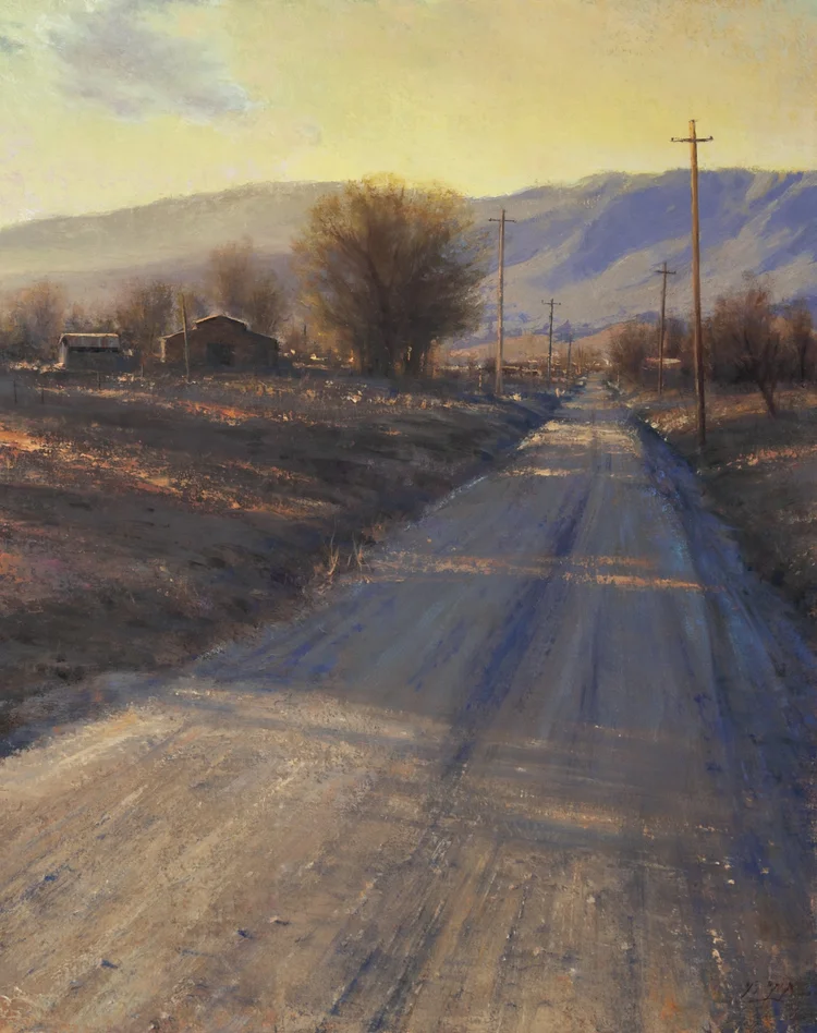 Afternoon Road Shadows, oil on canvas painting of a dirt road running toward hills with long afternoon shadows