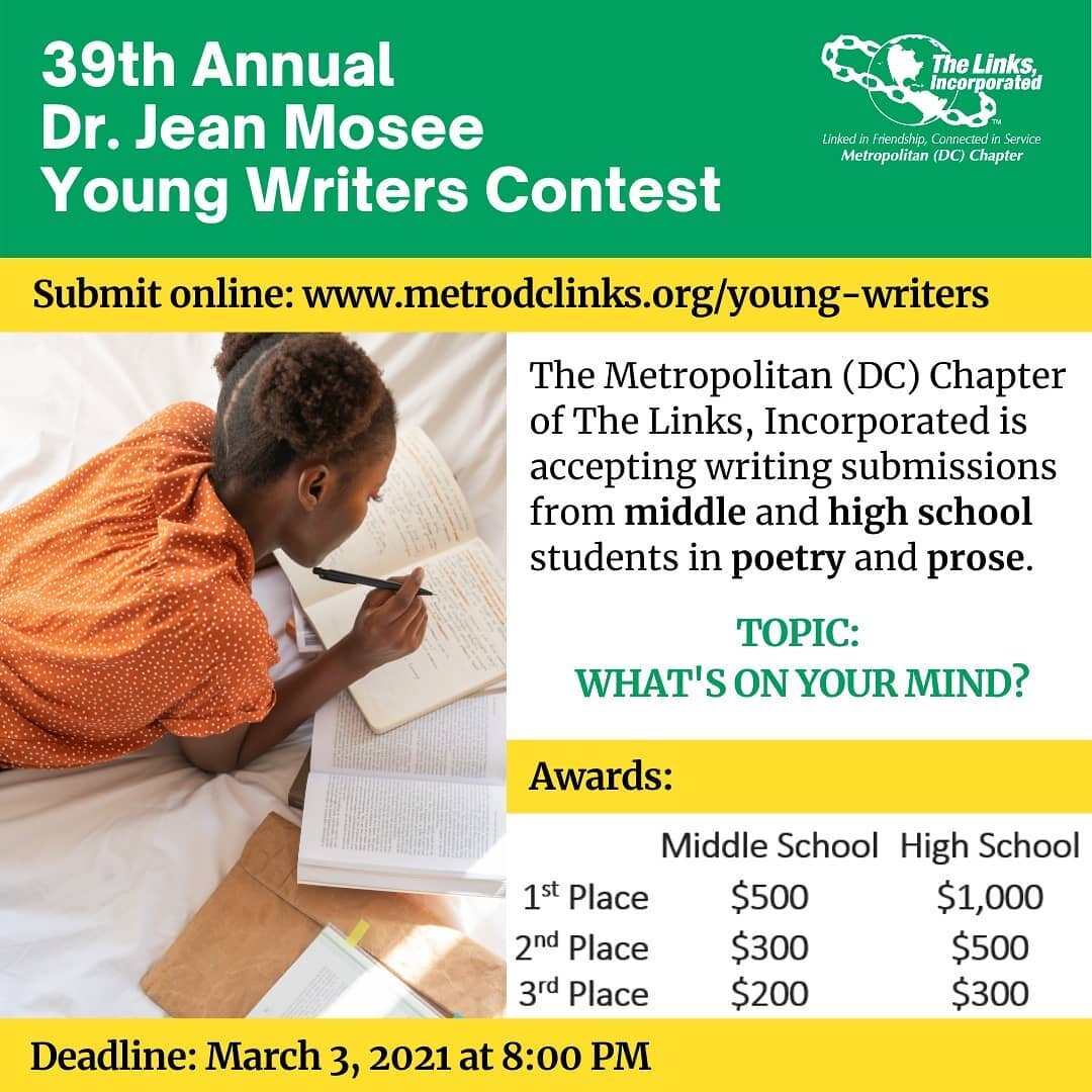Calling All Young Writers!&nbsp;✏️ We are accepting entries for the 2021 Dr. Jean Mosee Young Writers Contest. Middle &amp; High School students in the DMV are eligible to apply. Cash prizes up to $1,000 will be awarded to our winners. Tell young wri