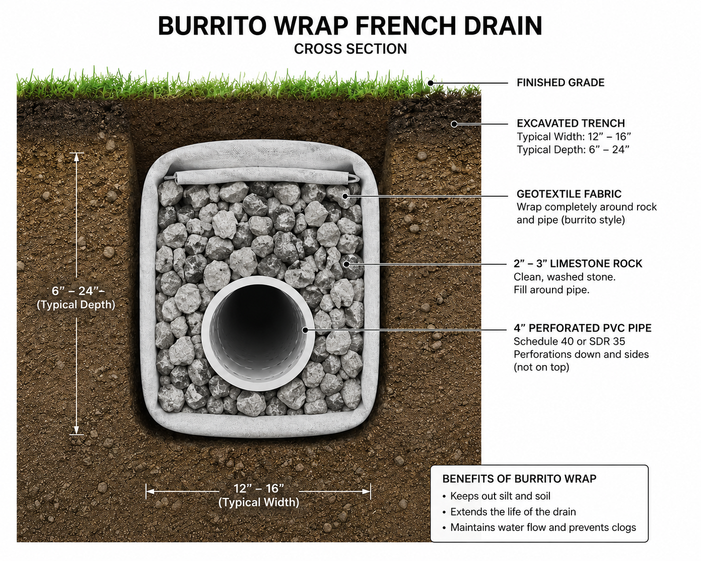 Cross section view of a burrito wrap PVC french drain.