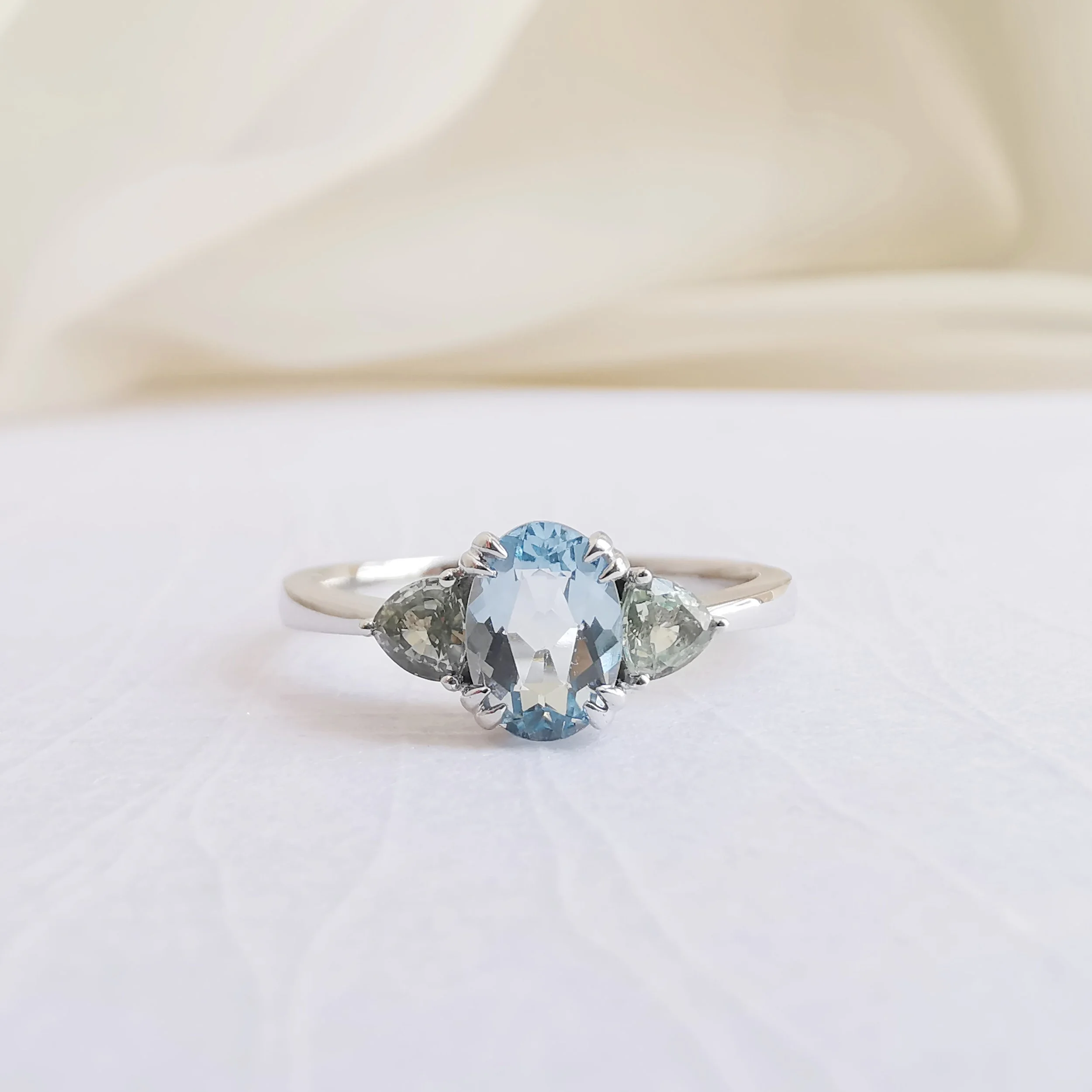 Aquamarine and Green Sapphire Ring - (Custom Made ONLY - 4 to 6 Weeks)