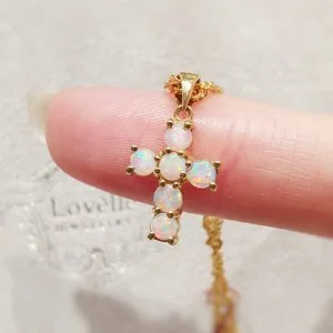 18K Round Opal Cross Pendant
