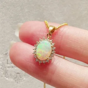 18K Oval Halo Opal Pendant