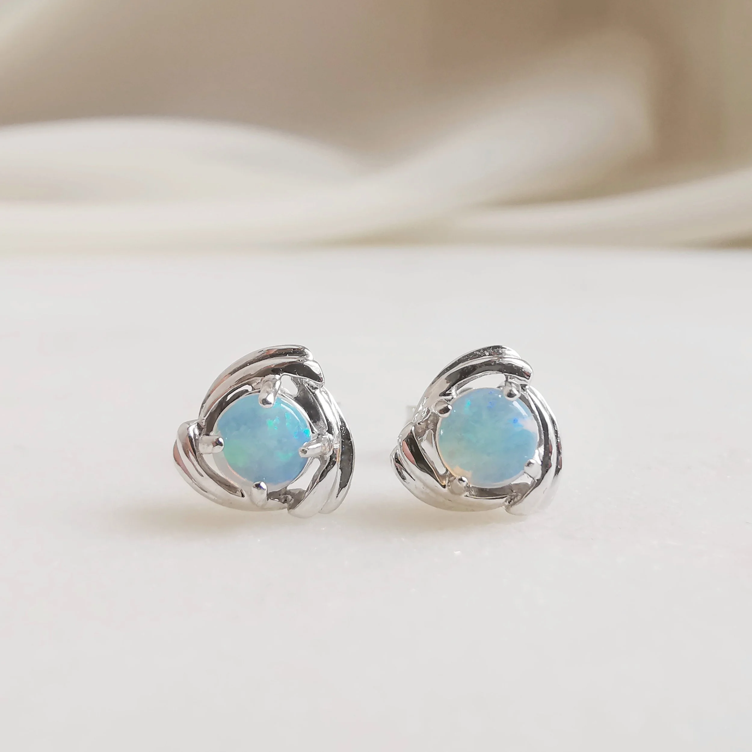 18K Round Opal with Triangle Frame Earrings