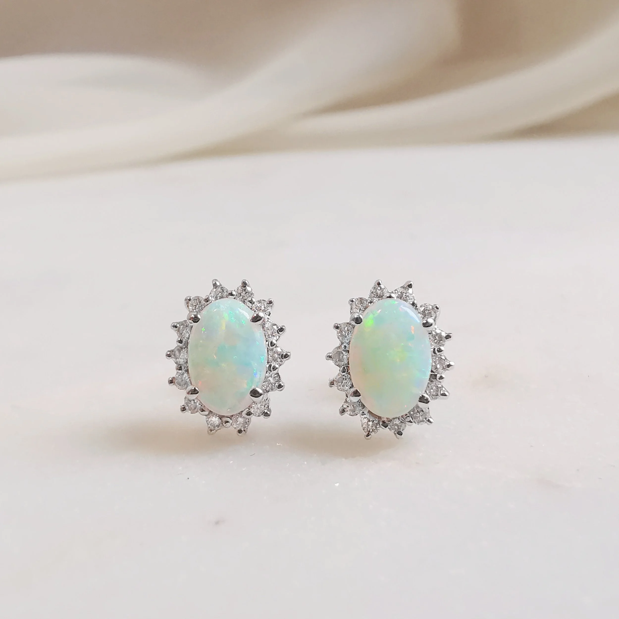 18K Diamond Halo white oval opal Earrings