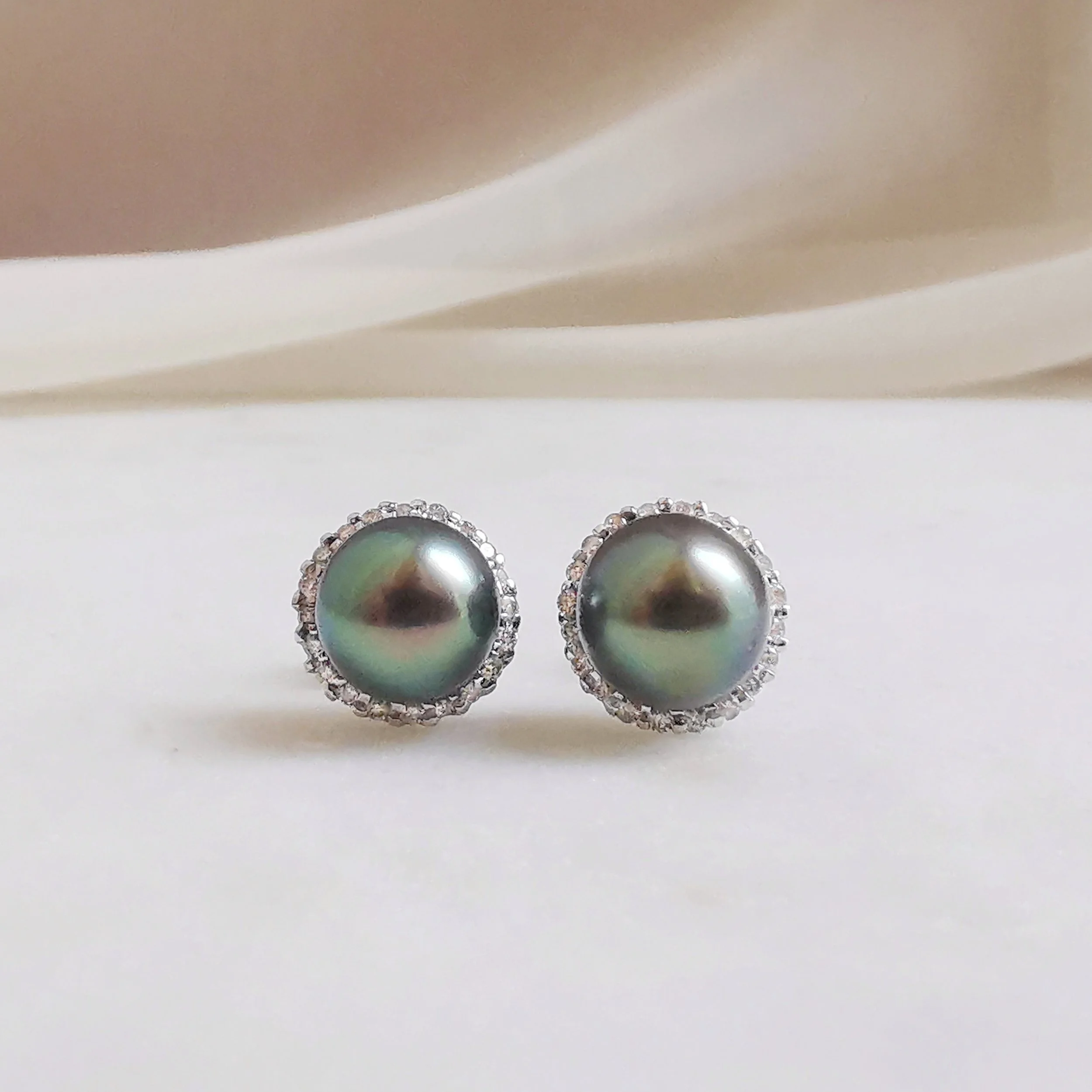 Tahitian Pearl and Diamond Halo Stud Earrings