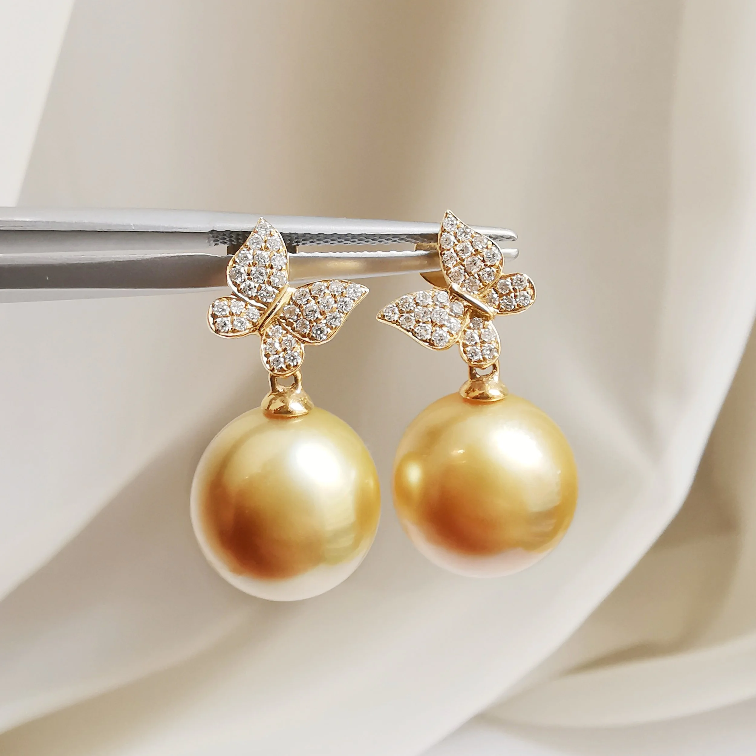 18K South Sea Pearl Diamond Butterfly Drop Earrings - Custom made ONLY 4-6 weeks