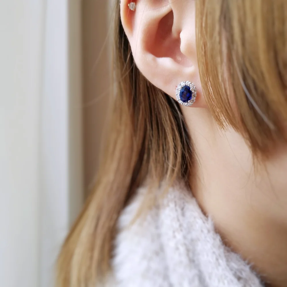 Oval Halo Royal Blue Sapphire Earrings (Custom Made ONLY to