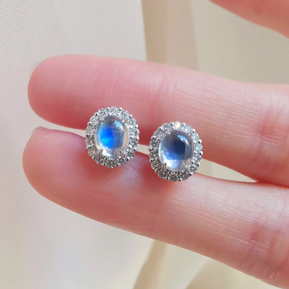 18K Oval Moonstone with Dimamond Halo Earring — Lovélle