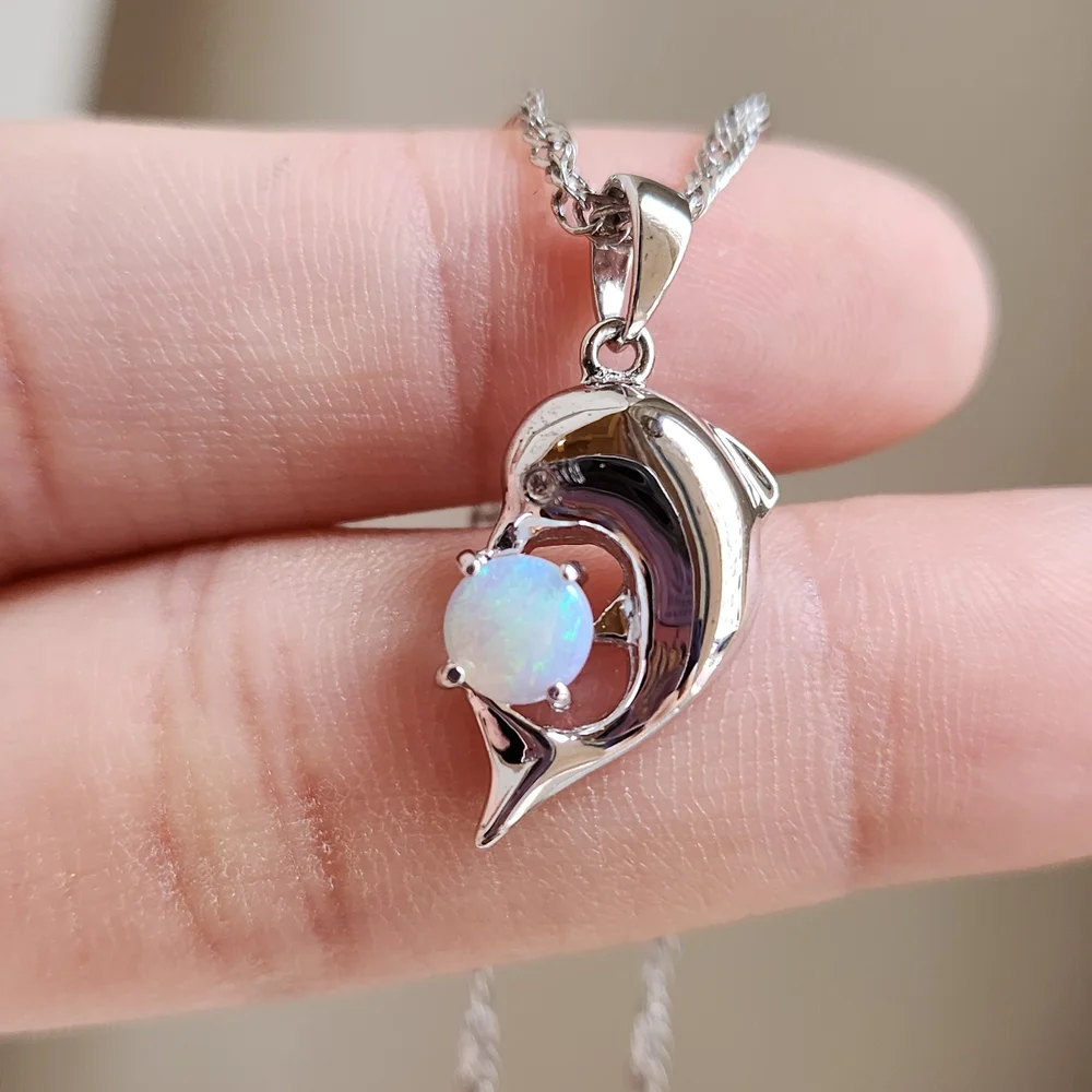925 Sterling Silver Dolphin Solid White Opal Pendant — Lovélle