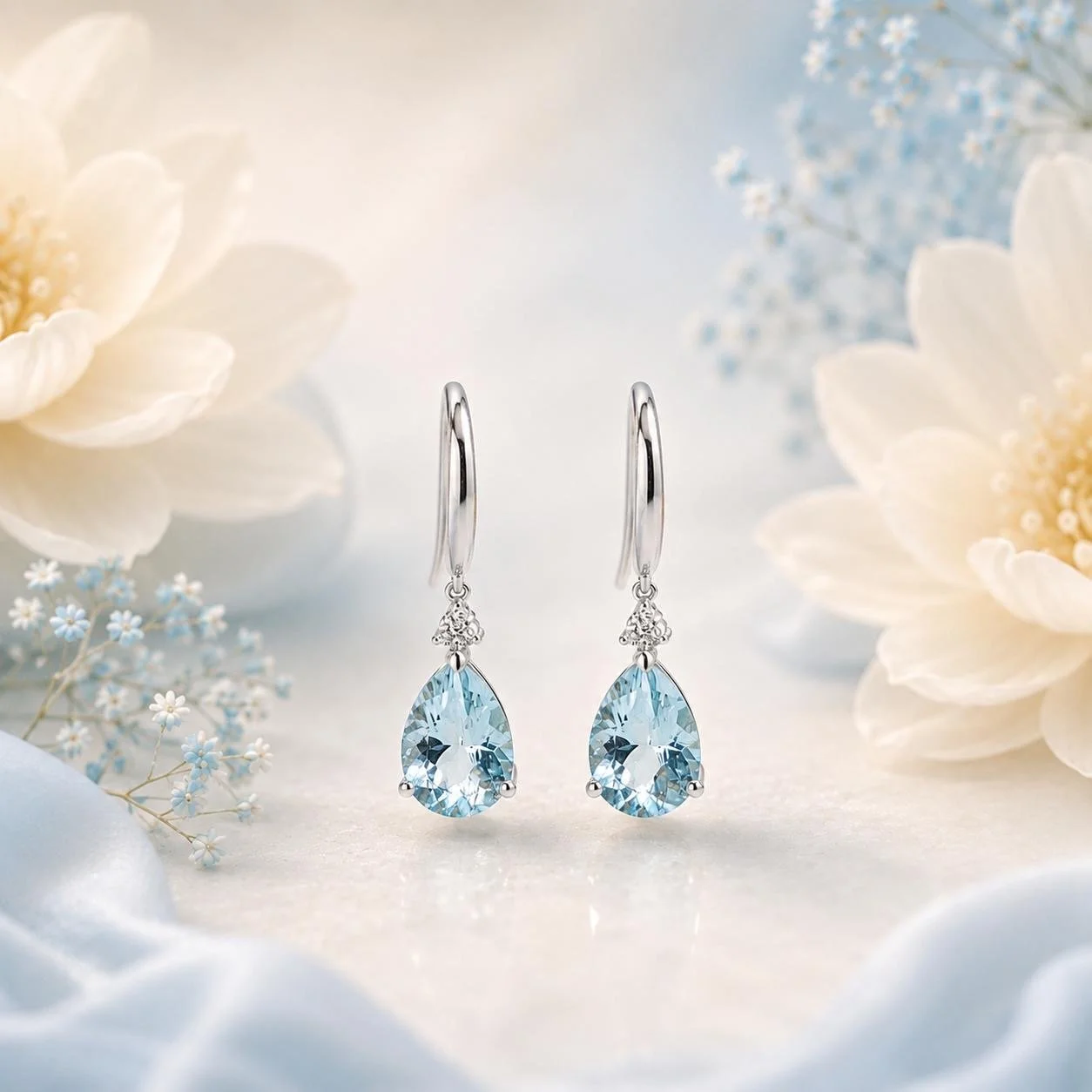 18K Pear Aquamarine with Three Diamond Dangling Earring