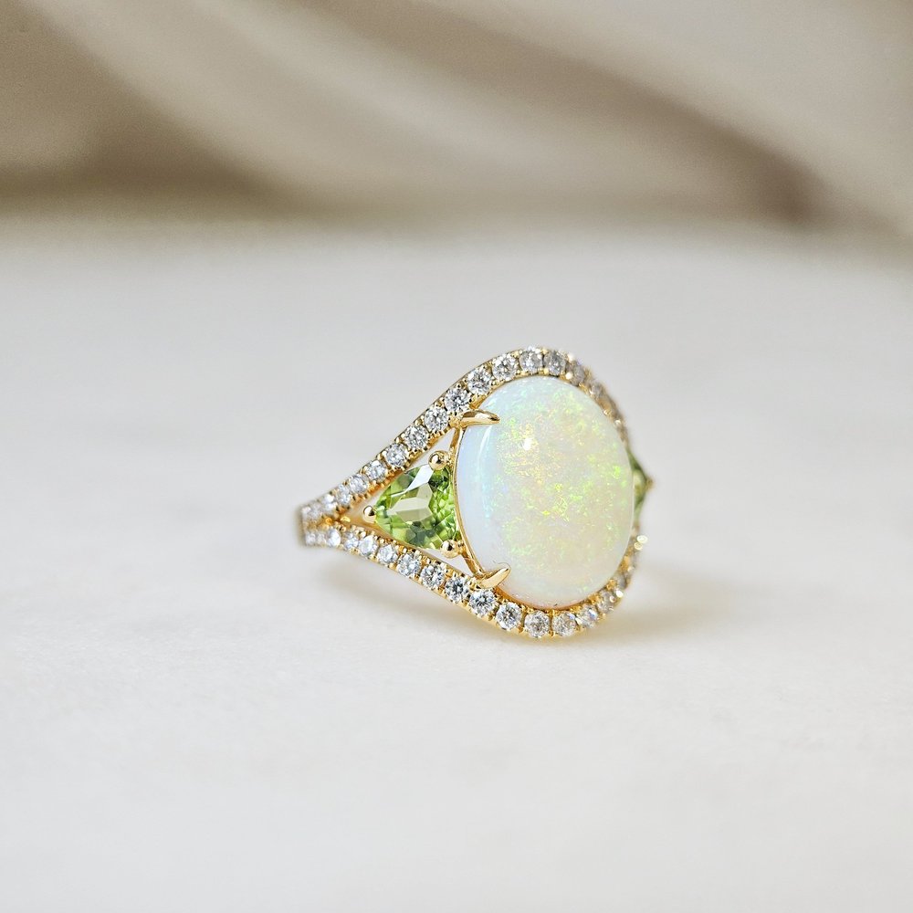18K Luna Solid White Opal Ring With Peridot — Lovélle Jewellery