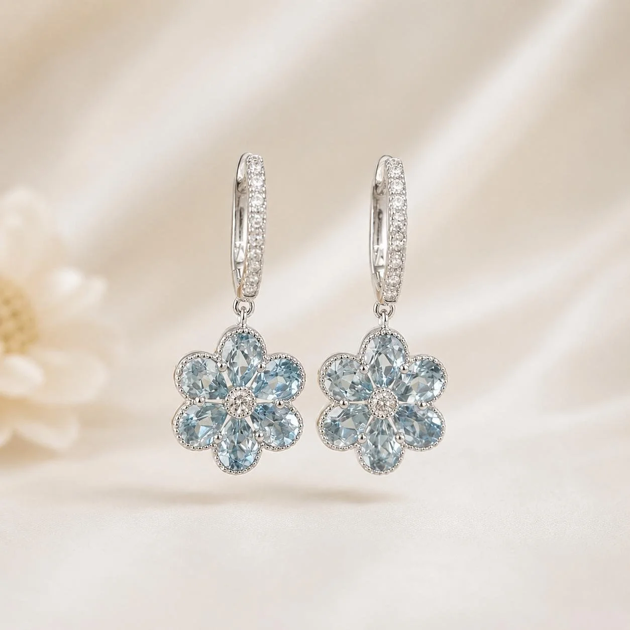 18K Hydrangea Aquamarine Hoop Earring