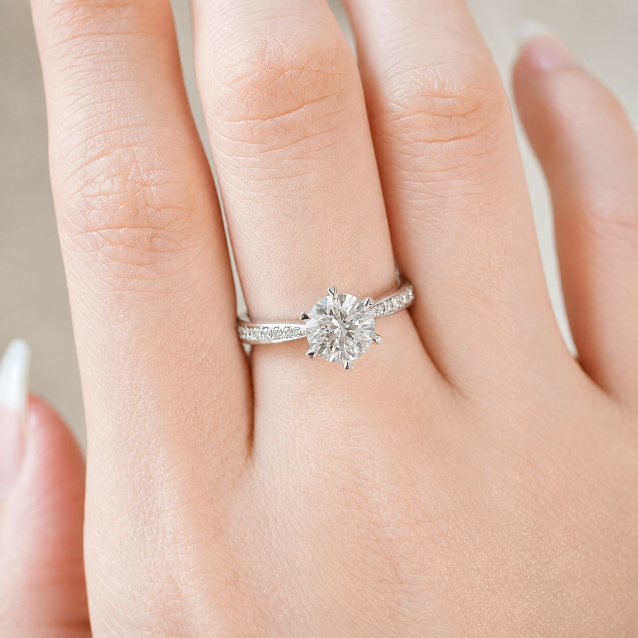Evermore Ring featuring a 1.33ct round brilliant lab-grown diamond with a diamond band in 18K white gold by Lovélle Jewellery