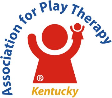 Logo for the Association for Play Therapy Kentucky featuring a stylized red figure with raised arms surrounded by blue text.