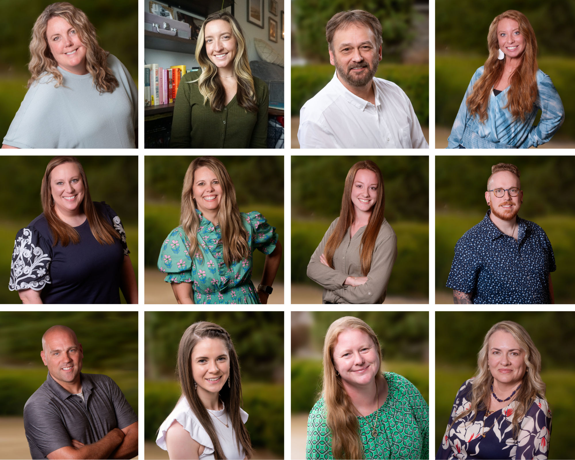 Collage of professional headshots of men and women with diverse backgrounds, taken outdoors and indoors, on a blurred green background.