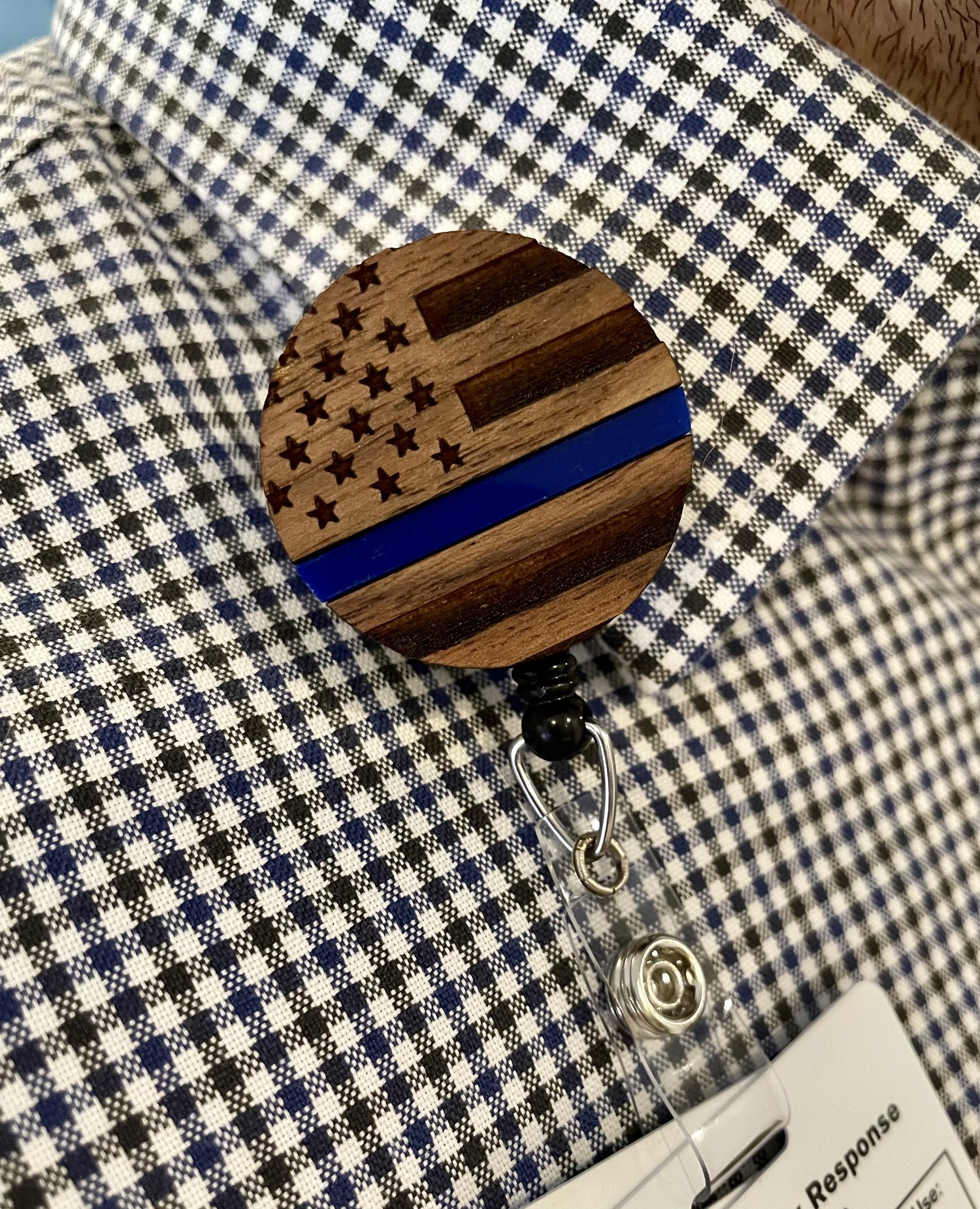 Thin Blue Line Police Support Wooden Laser Engraved Retractable Badge Reel, ID  Holder, Refrigerator - The Fine Grainery