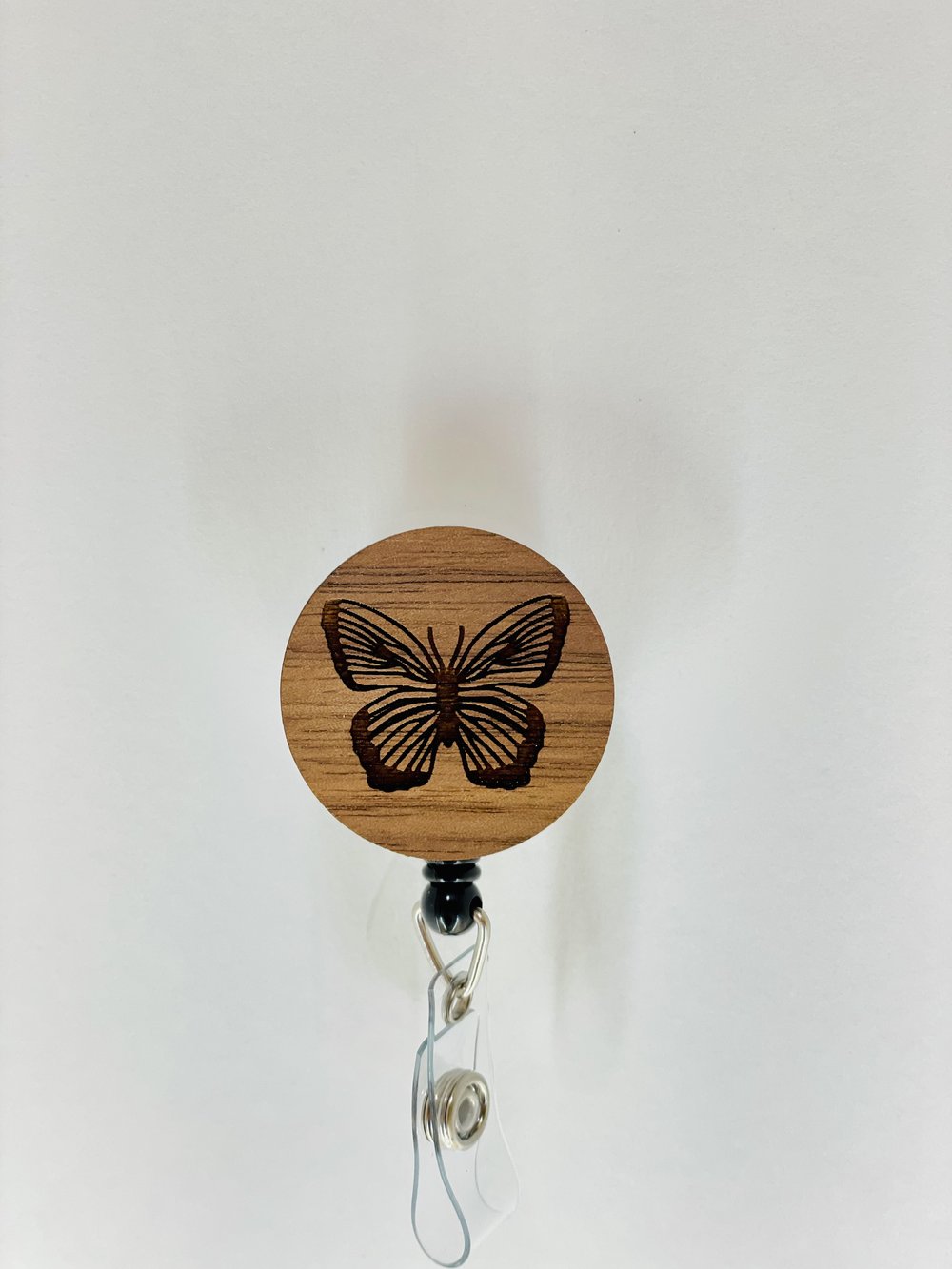 Butterfly Walnut Badge Reel, Magnet, Token - The Fine Grainery