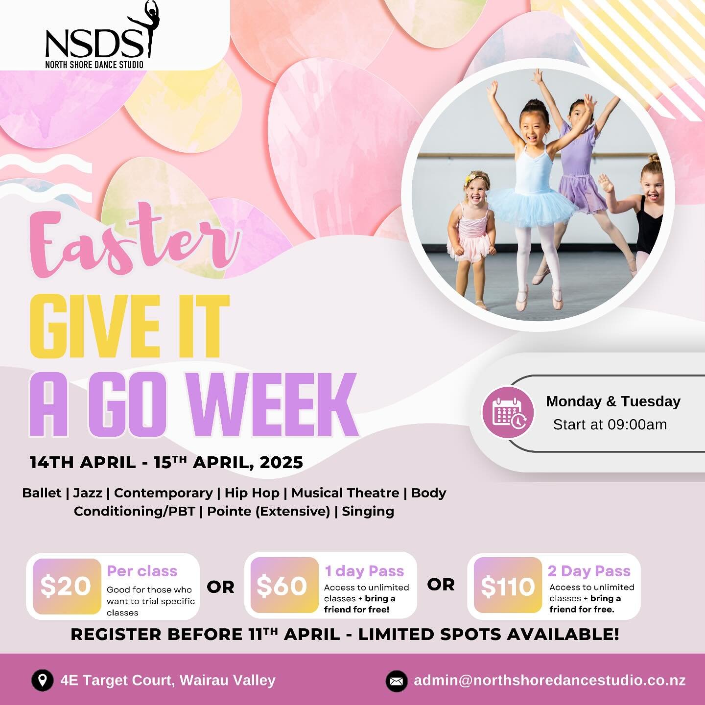 Looking for something fun and exciting for the kids this Easter break? Join us for our Easter &ldquo;Give It a Go&rdquo; Week, the perfect opportunity to trial a variety of classes and meet our incredible new teachers!
Whether your child is a beginne
