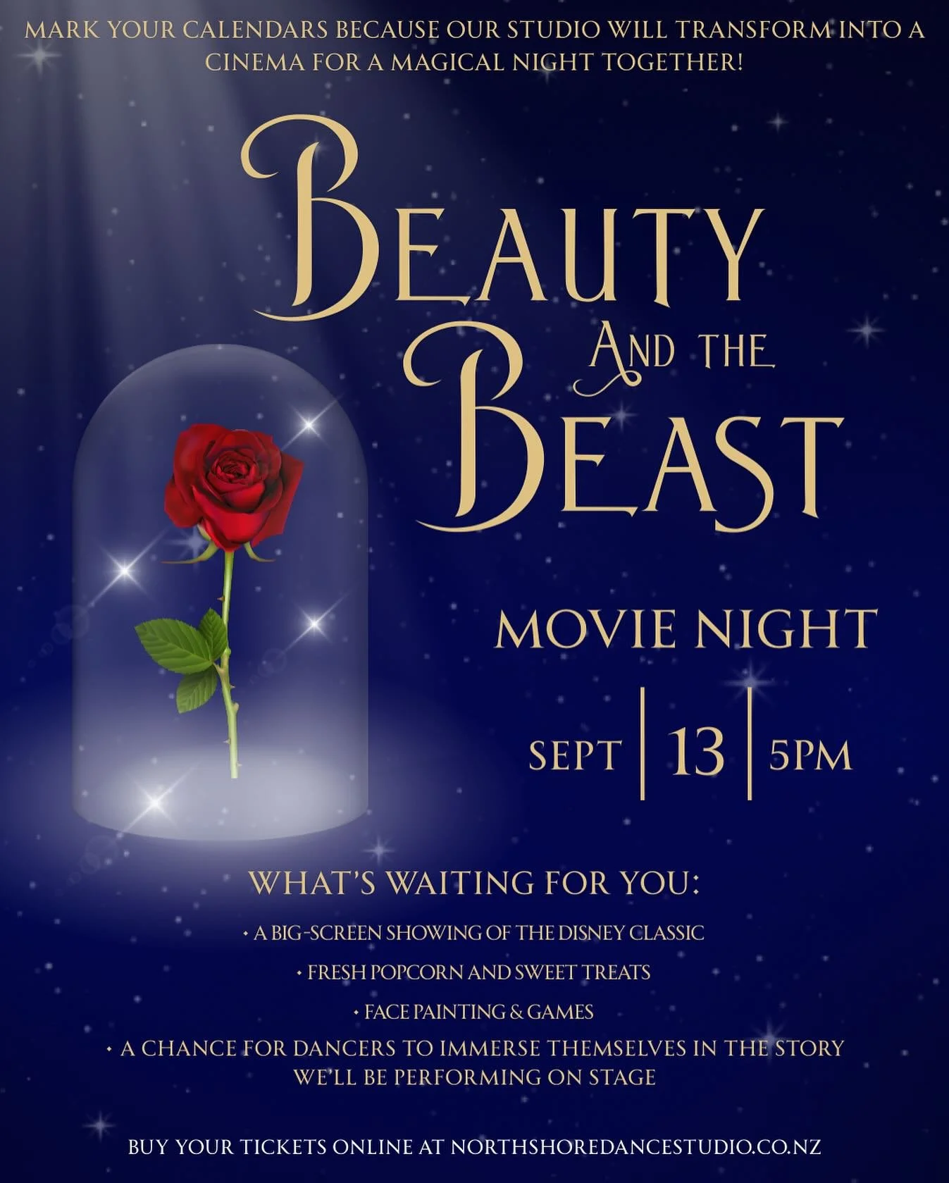 ✨🍿 Be Our Guest for a Magical Movie Night! 🍿✨

North Shore Dance Studio is transforming into a cinema for one night only as we bring the Disney classic Beauty and the Beast to the big screen! 🌹🎥

📅 Saturday 13th September
🕔 5:00 PM
📍 North Sho