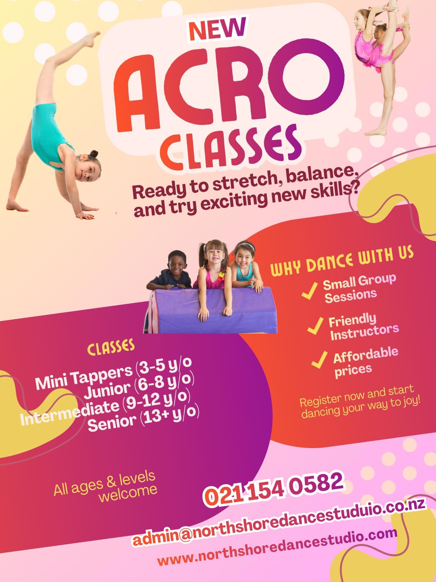 🤸🏼&zwj;♀️ NEW ACRO CLASSES ARE HERE! 🤸🏽&zwj;♀️

Ready to flip, stretch, balance and build confidence? Our brand-new Acro classes are the perfect way for kids to learn exciting skills in a safe, supportive and fun environment!

🤸&zwj;♀️ Small gro