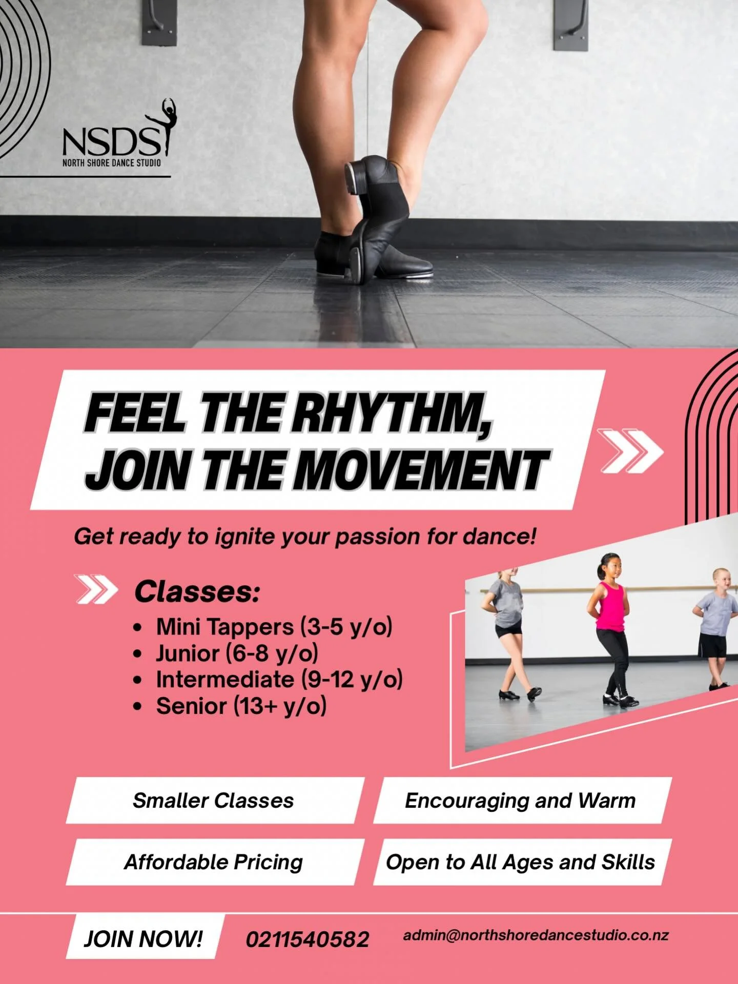 ✨ FEEL THE RHYTHM. JOIN THE MOVEMENT. ✨

Tap, stomp, shuffle and shine! Our Tap classes at North Shore Dance Studio are all about confidence, coordination, musicality and FUN.

We offer small, supportive classes where every dancer is seen, encouraged