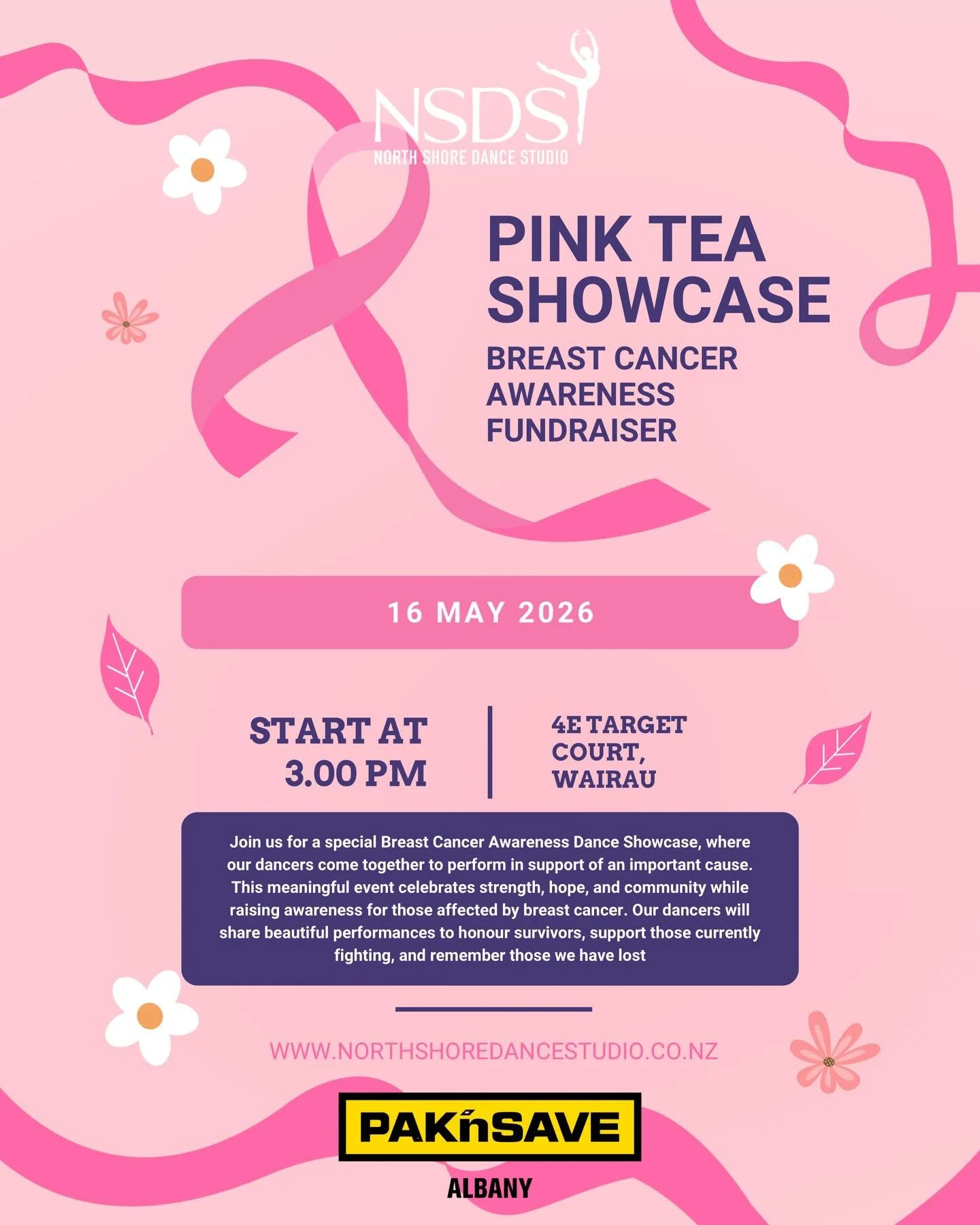 🌸PINK TEA SHOWCASE 🌸

Join us for a beautiful afternoon of dance, community, and purpose 

North Shore Dance Studio presents a special Breast Cancer Awareness Fundraiser Showcase - a heartfelt event where our dancers perform to honour survivors, su