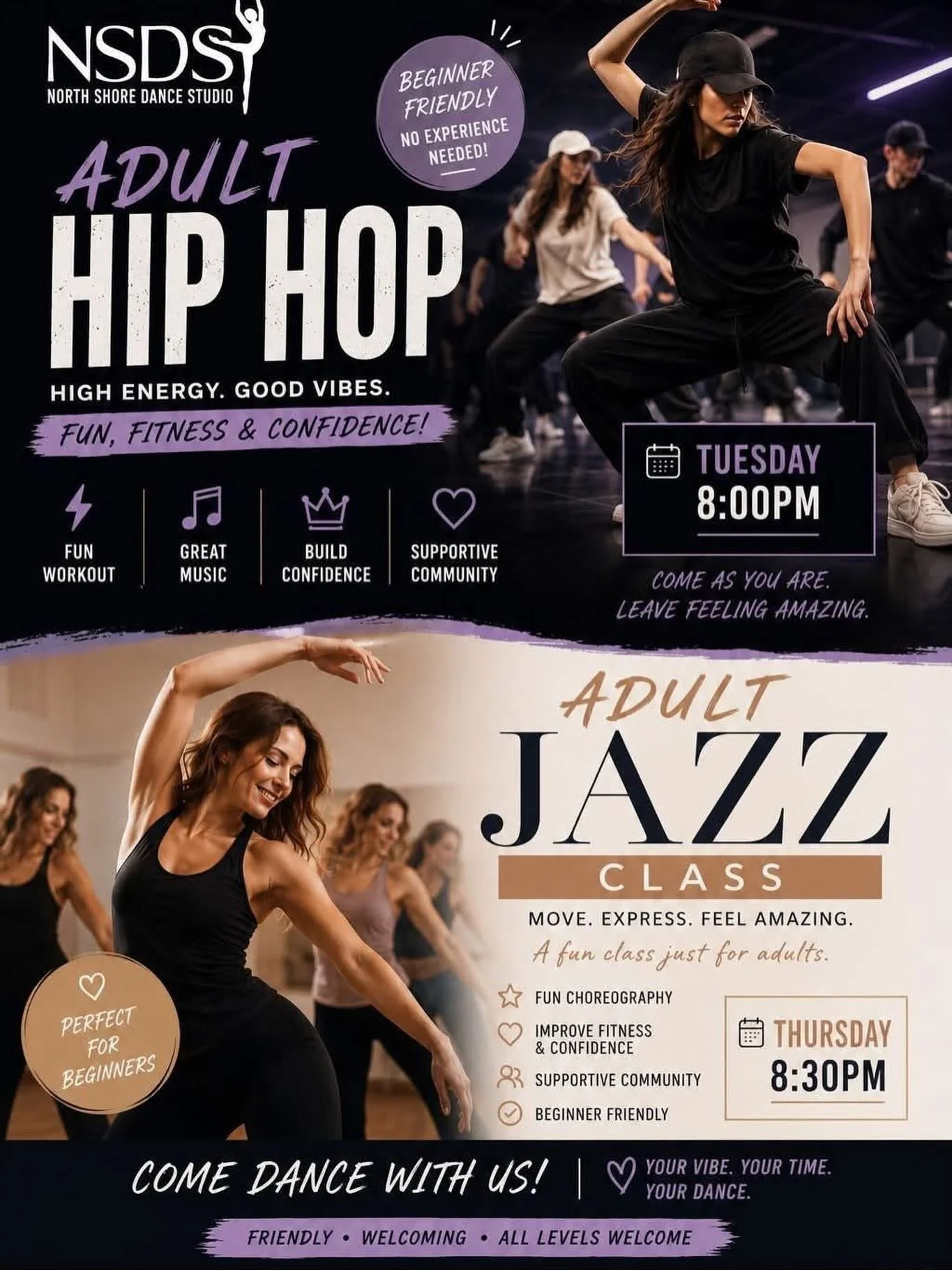 Looking for a fun way to move, build confidence, and meet new people?

Join our Adult Hip Hop and Adult Jazz classes at NSDS! Whether you&rsquo;re stepping into a dance studio for the first time or returning to something you love, these classes are d