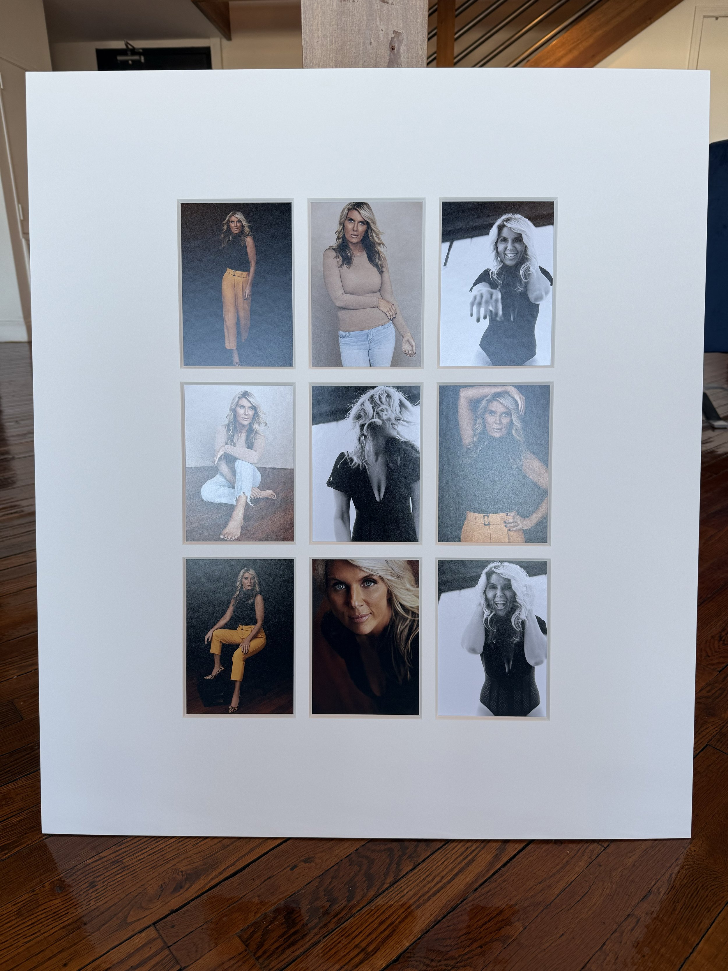  9-up printed grid of a woman in 40s in Judith hill photography’s Nashville portrait studio. 