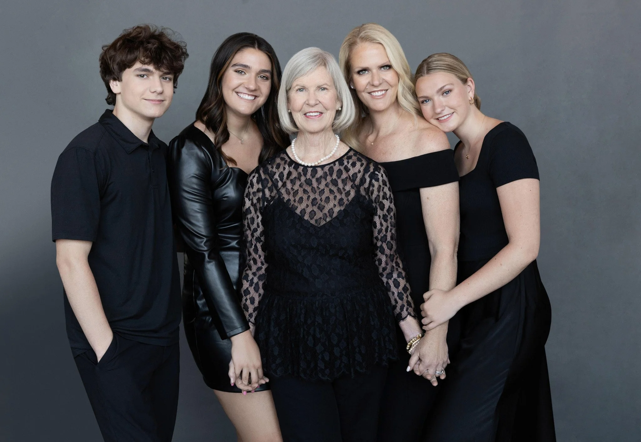 Multigenerational family of five dressed in black, Nashville generations studio portrait by Judith Hill