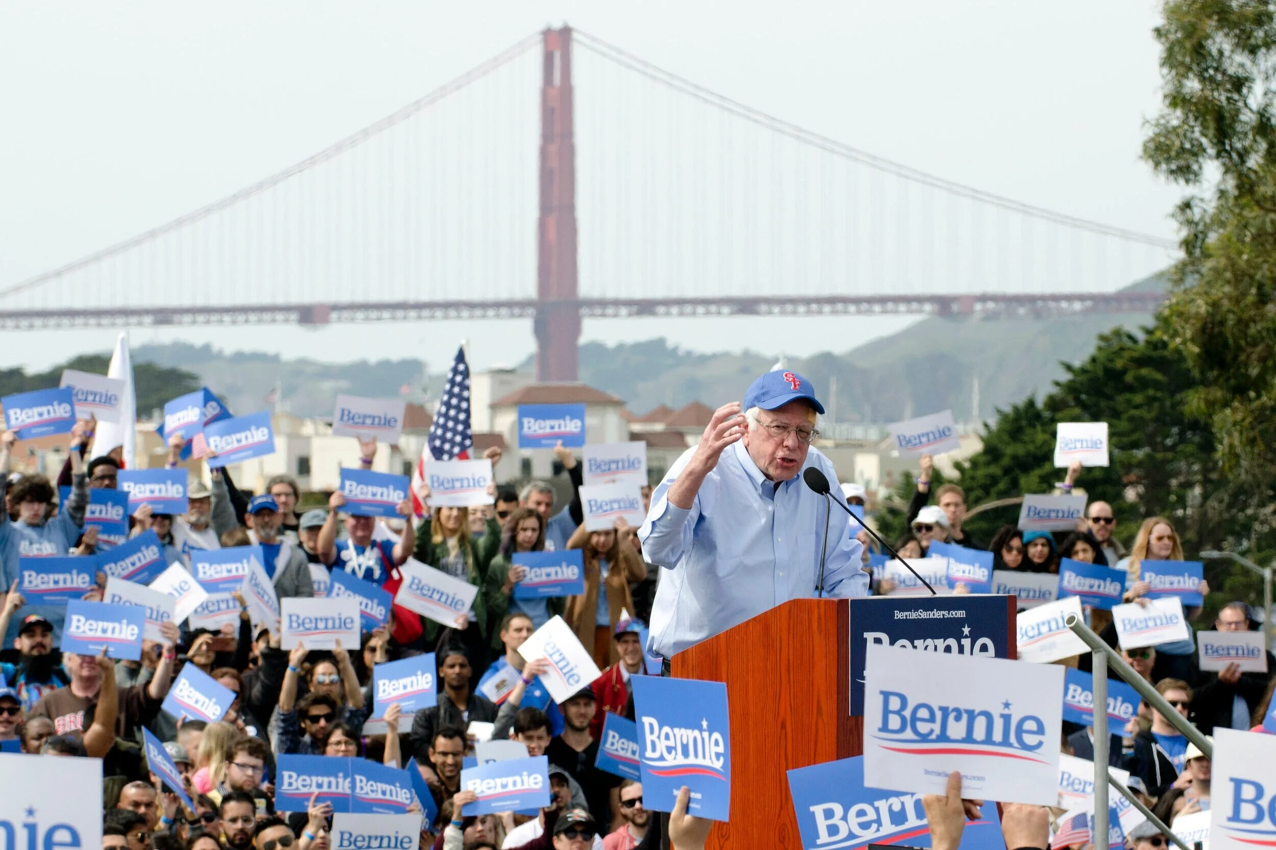 Sanders speaks on corporate greed with a backdrop of the Golden Gate Bridge during a March 24, 2019 rally in San Francisco, Calif. Sanders previously made campaign stops in San Diego and Los Angeles before arriving in San Francisco that week. Photo …