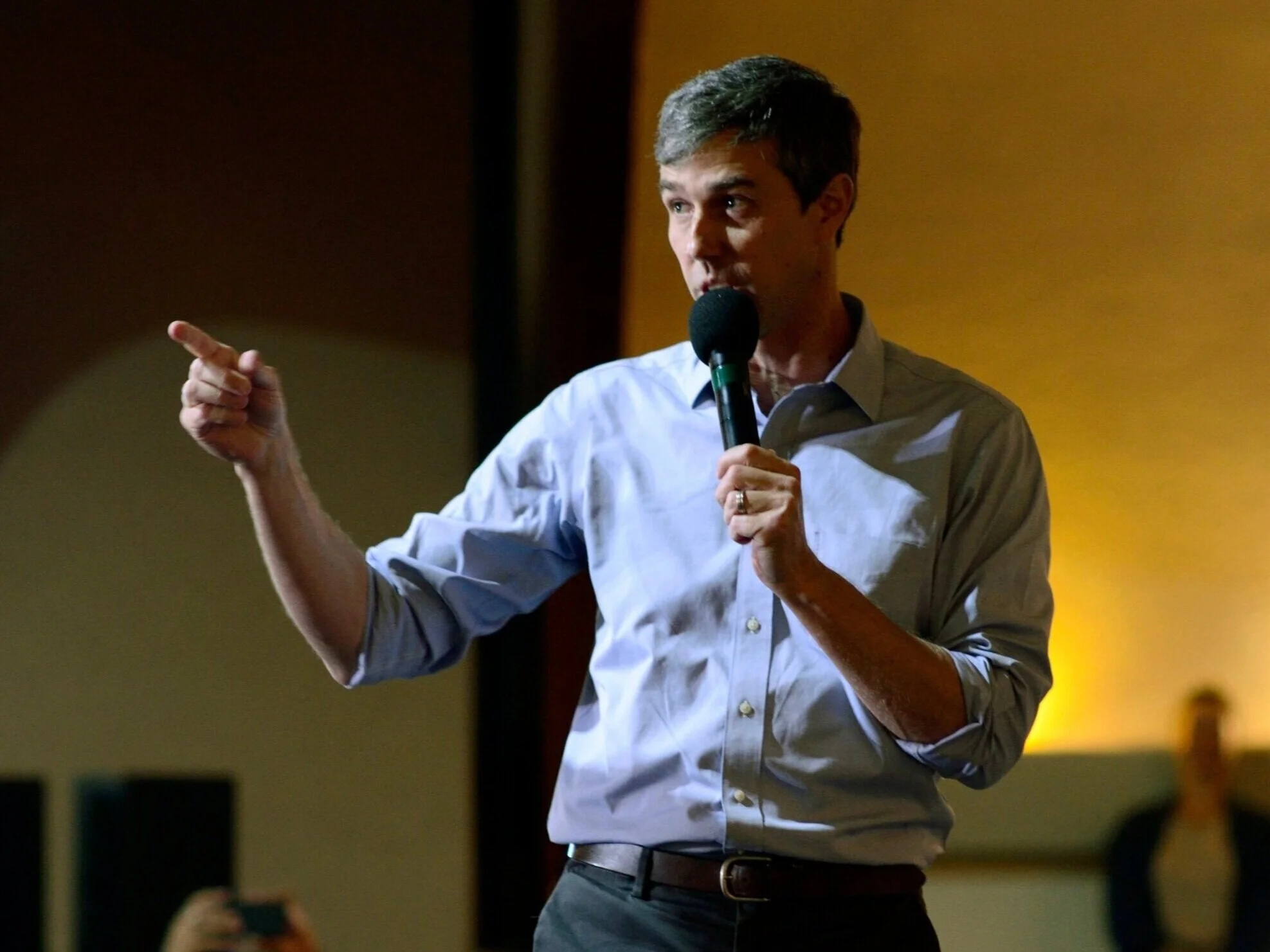 Democratic presidential hopeful Beto O’Rourke gestures emphatically while giving a speech at a town hall in San Francisco on April 28, 2019. This town hall was O’Rourke’s first visit to the Bay Area since announcing his bid for the presidency on Mar…