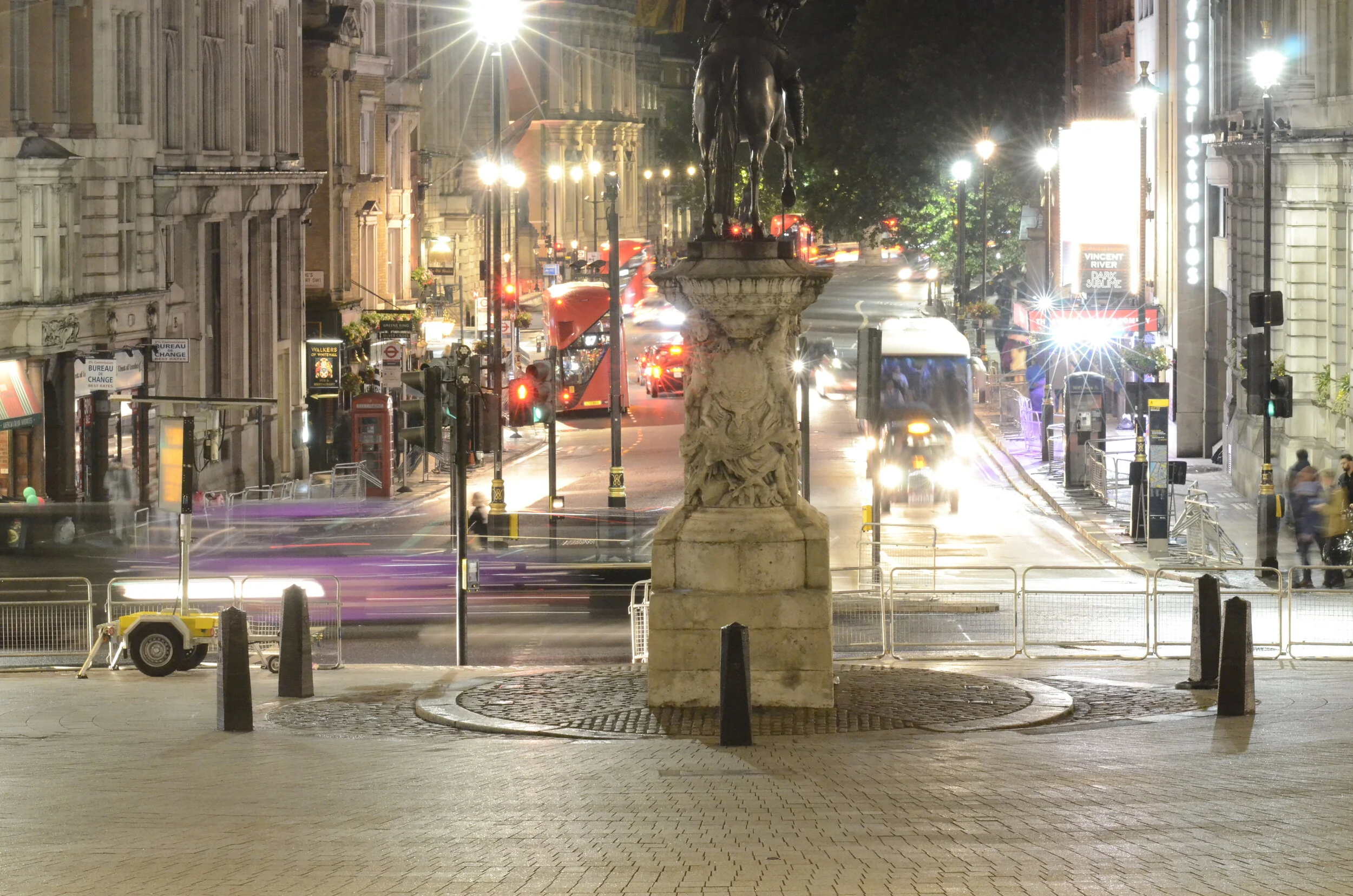 Taken with long exposure, the photo shows cars driving on the roundabout at Trafalgar Square on June 10, 2019.&nbsp;Photo by Eric Fang