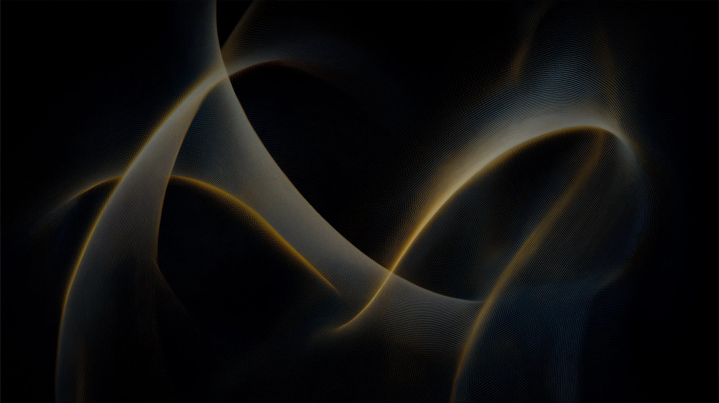 Abstract digital artwork with flowing light lines in gold and blue on a black background.