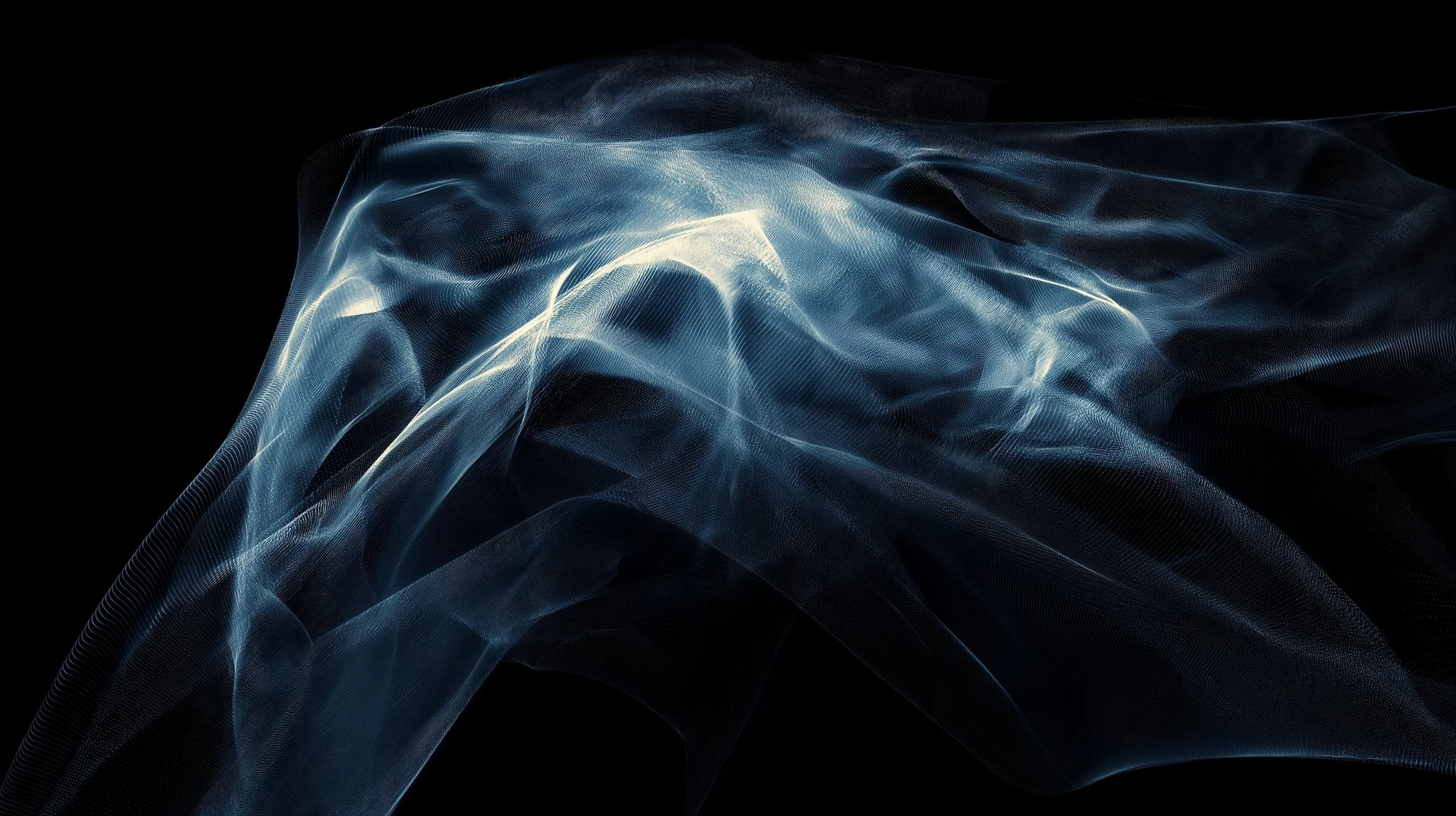 Abstract image of flowing, wispy, semi-transparent light blue and white lines on a black background.