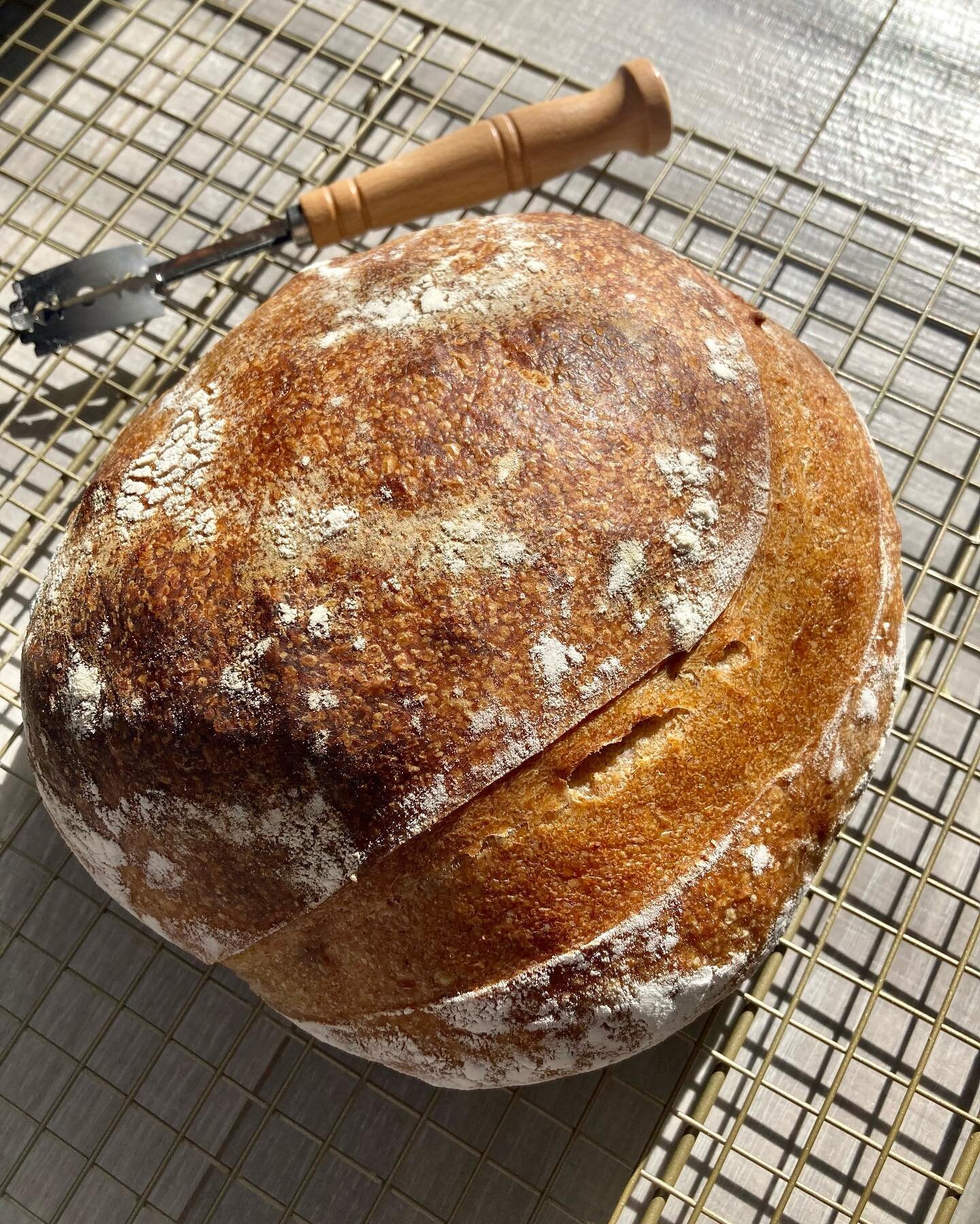 Baby&rsquo;s first sourdough 🥺

Definitely needs some work but proud of how it turned out and the taste was 10/10 😍

We made our own starter from scratch that my husband kept alive so this baby is thanks to him ❤️

It been a process and we&rsquo;ve