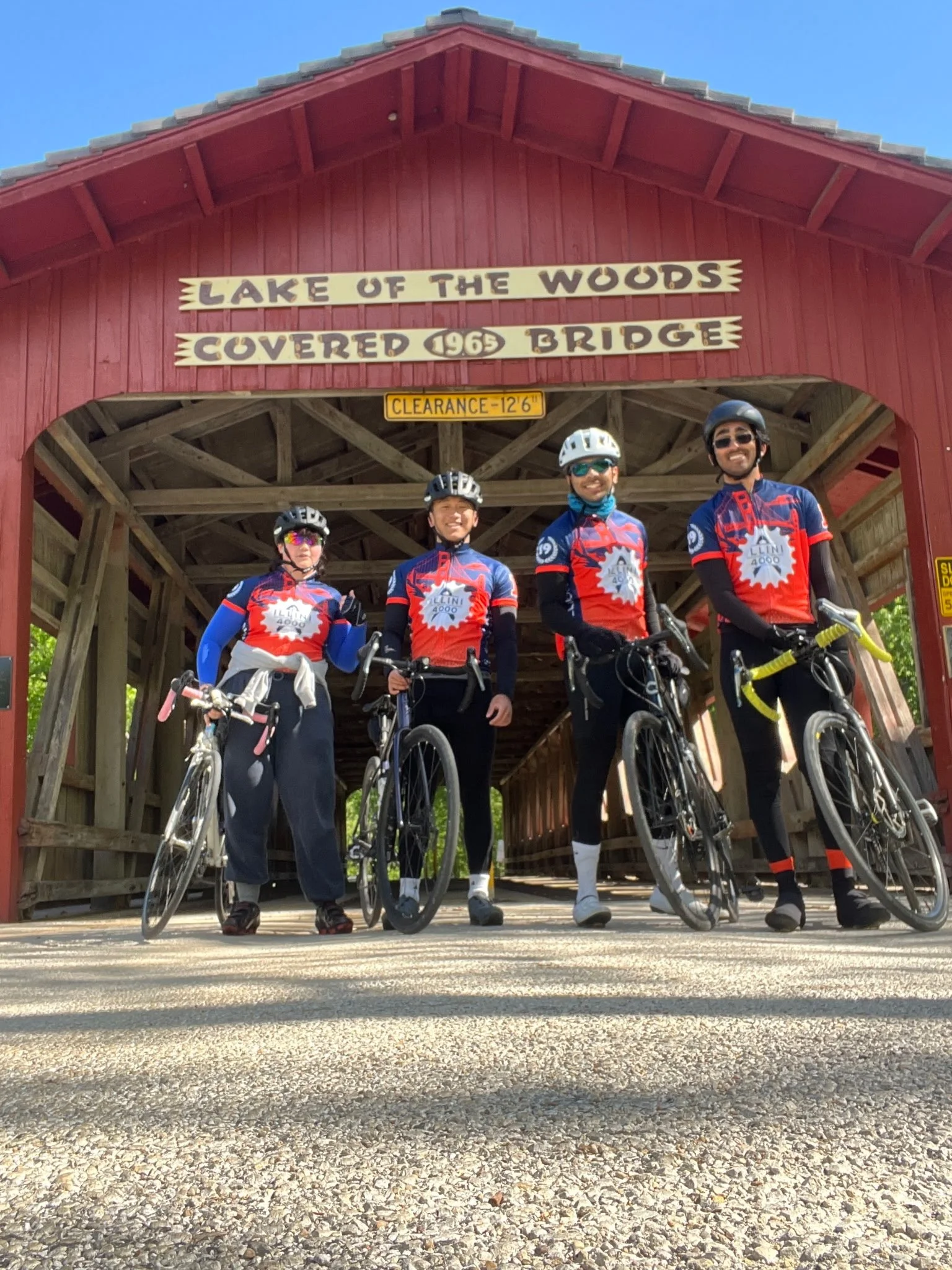  Posing at the Lake of the Woods covered bridge (left to right: Ren, Max, Vedang, Aadit) 