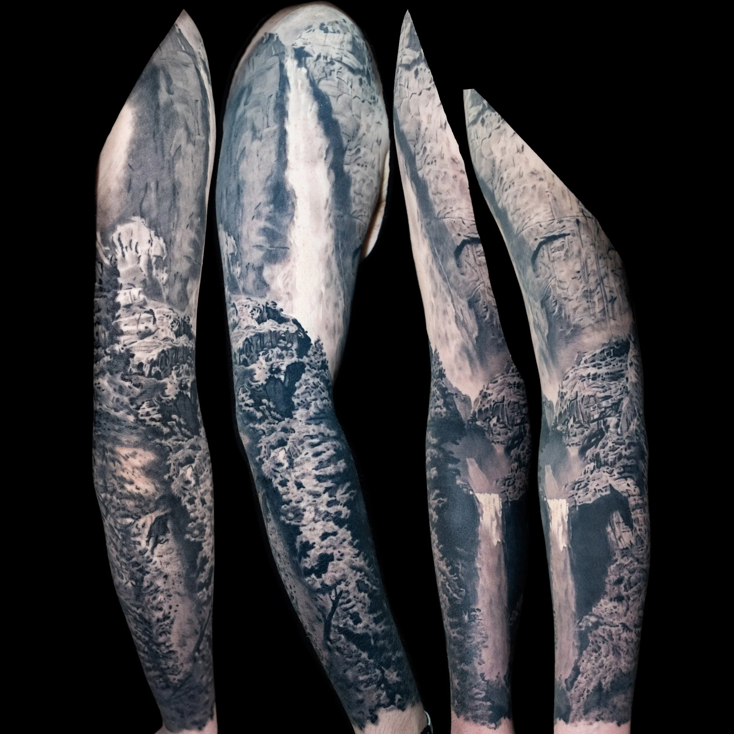 Fully healed black and grey realism sleeve capturing Yosemite Falls, designed to flow naturally with the arm