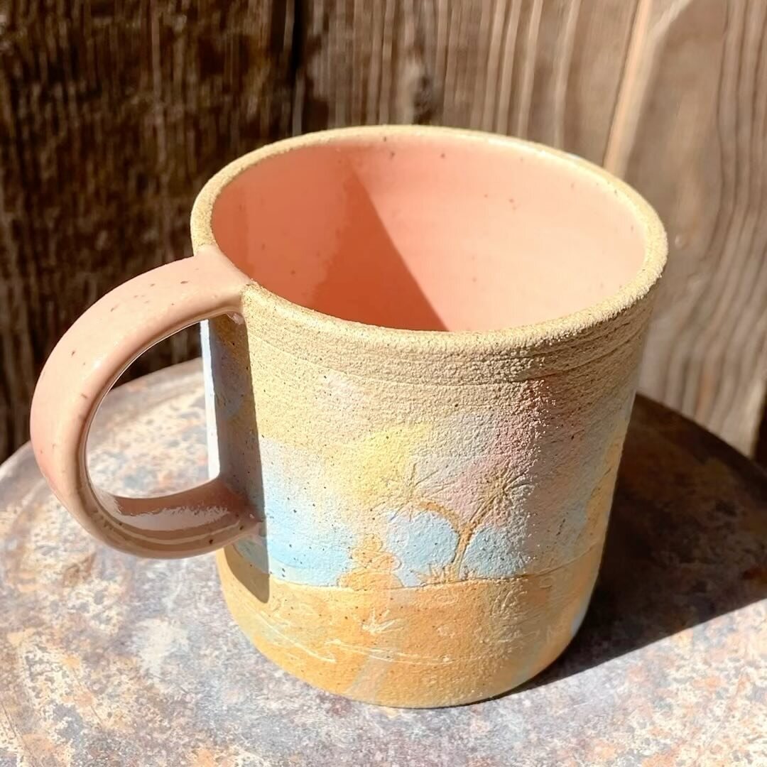Mug number four is a tribute to the soft pastel colors in the desert sky at dusk and dawn. When I first moved from the coast to the inland desert I was struck by the moments of gentleness out here. It might be the contrast from the hardness of the bo