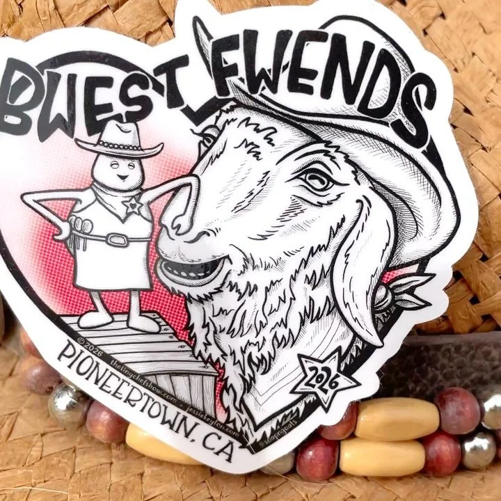 Bwest Fwends in Pioneertown! Sam and @thetinychefshow are co-mayors this year and I was honored to commemorate this beautiful friendship with a new sticker design. Stickers are available at the @soapngoats shop most weekends.
.
.
.
#callyourbwestfwen