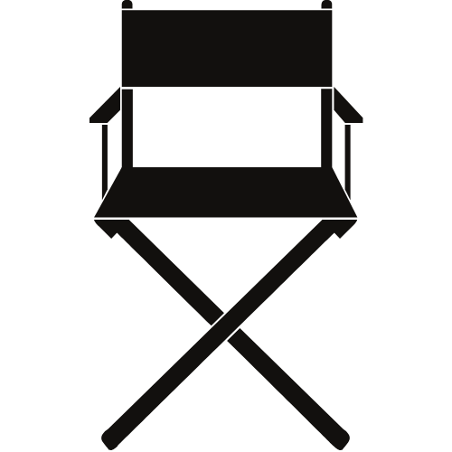 A black and white illustration of a director's chair with a foldable X-shaped frame and armrests.