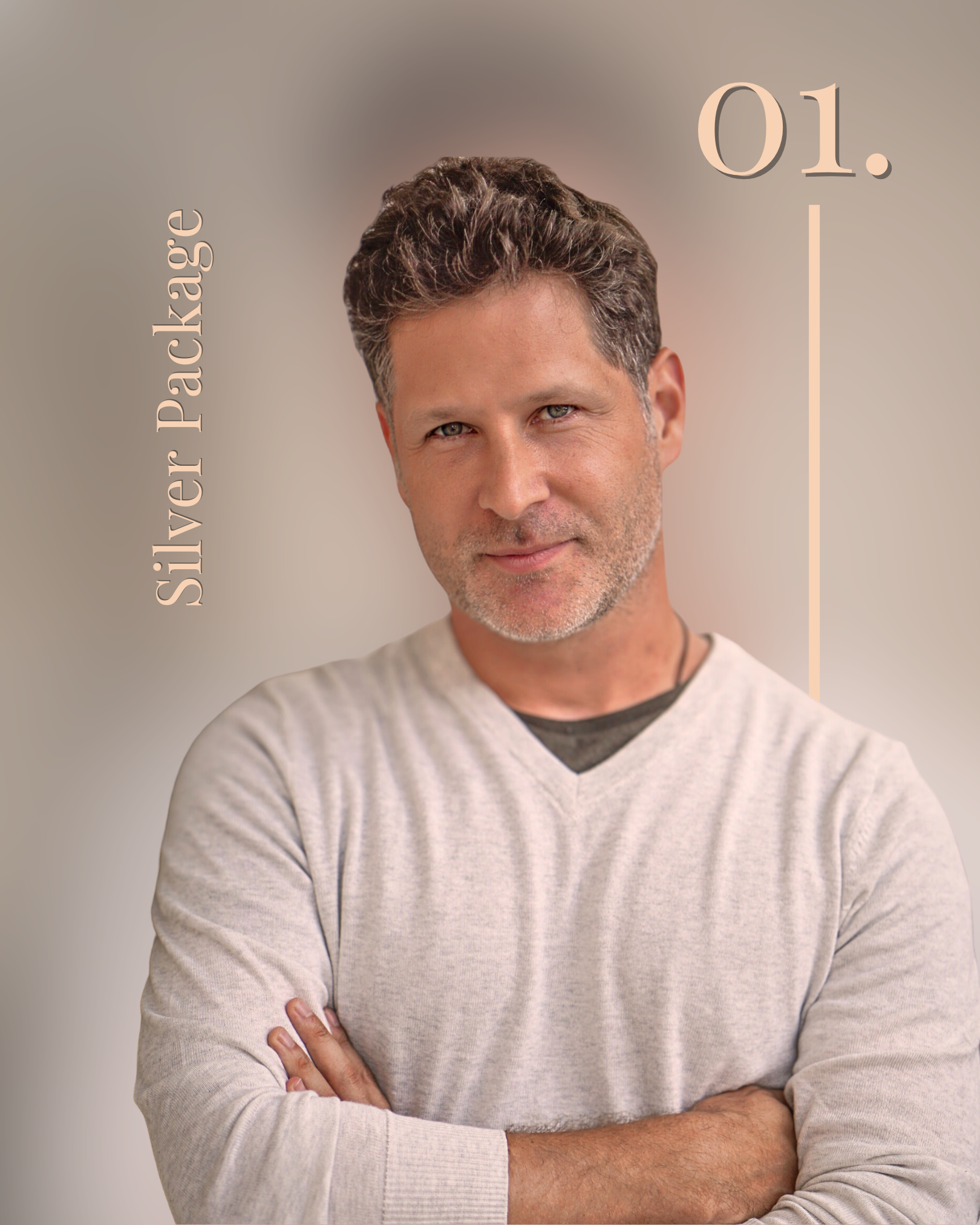 Portrait of a middle-aged man with short wavy hair and a beard, wearing a light-colored sweater, crossing his arms, with text "Silver Package" on the left side and "01." on the right side.