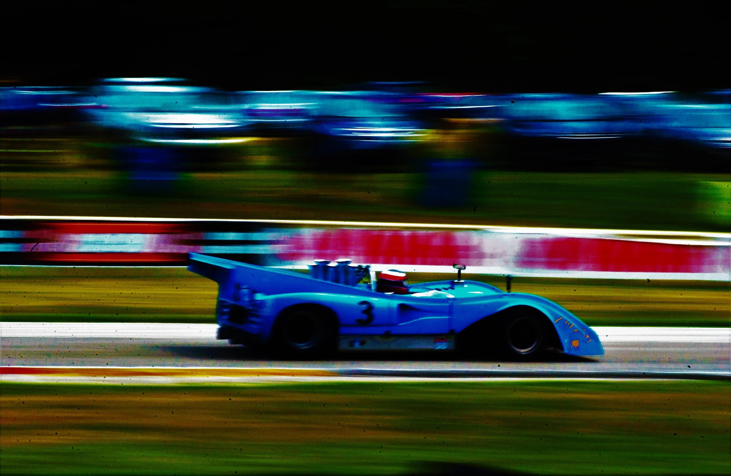  Blue McLaren Can Am race car at Road America near Elkhart Lake, Wisconsin. 