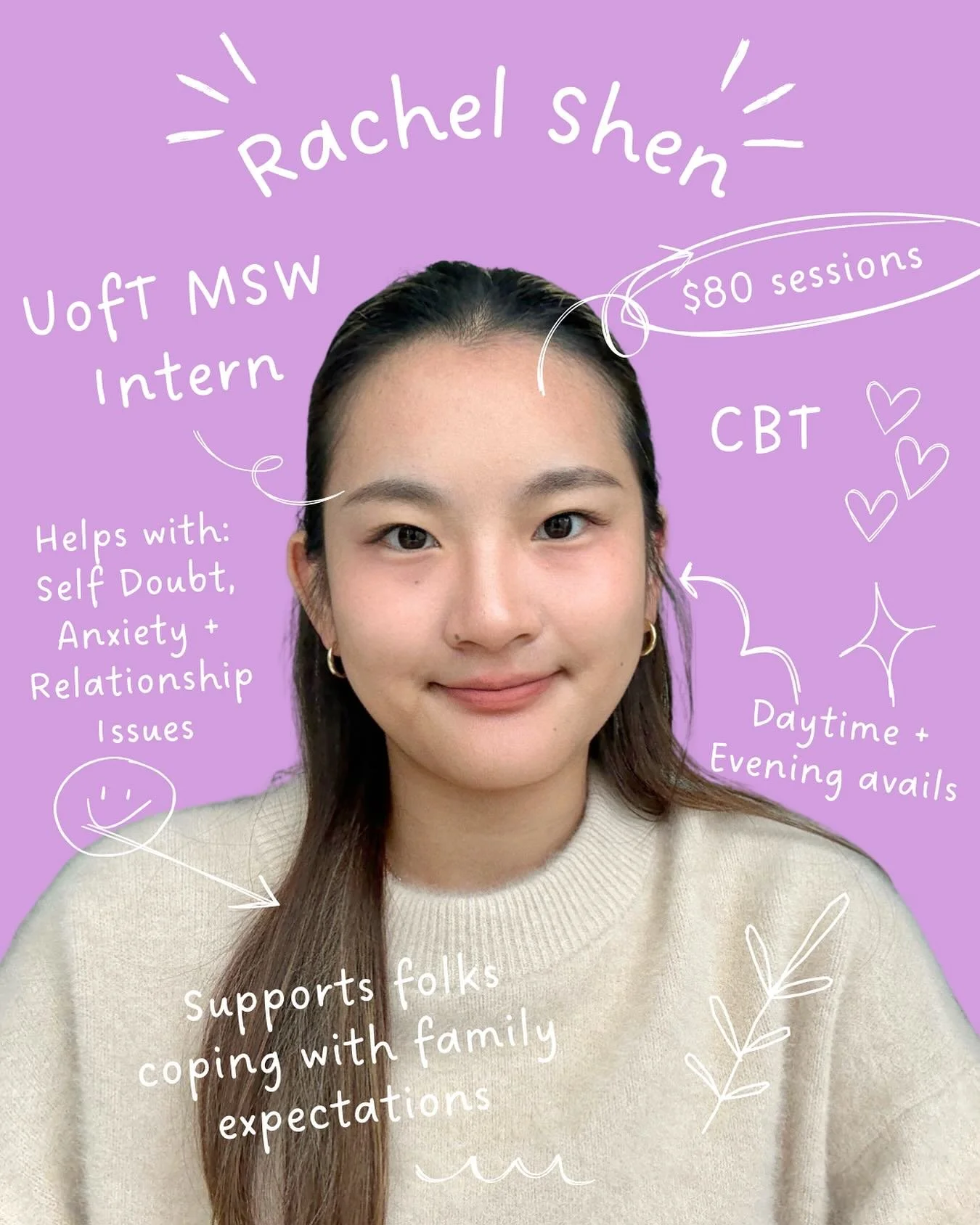 Sending a warm 👋 to our new MSW clinical intern, ✨Rachel Shen✨. 

Rachel is in her final year at the University of Toronto&rsquo;s Master of Social Work program and is now offering low-cost virtual therapy as part of our team. Sessions are $80 for 5
