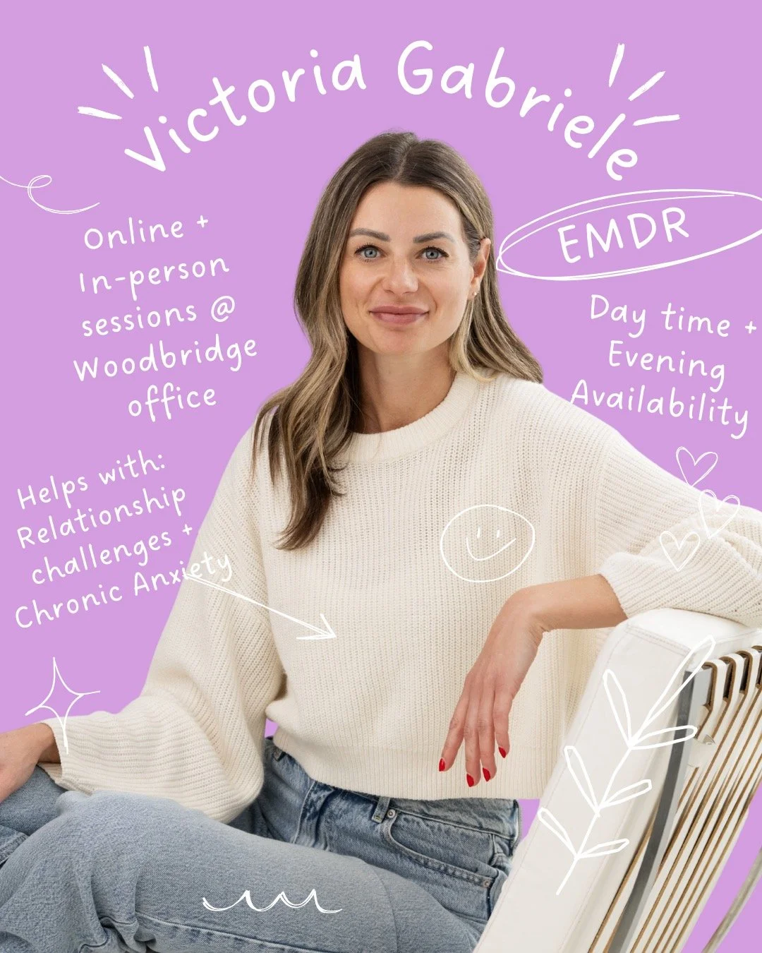 ✨ Welcome Victoria Gabriele, MSW, RSW ✨

If you&rsquo;re feeling
&ndash; constantly on edge, even when &ldquo;nothing is wrong&rdquo;
&ndash; stuck in the same relationship patterns no matter how much insight you have
&ndash; burned out, disconnected